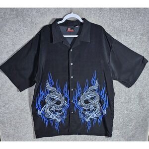 Vintage Street Culture Dragon Button Up Shirt Mens Size XXL Black Blue Polyester